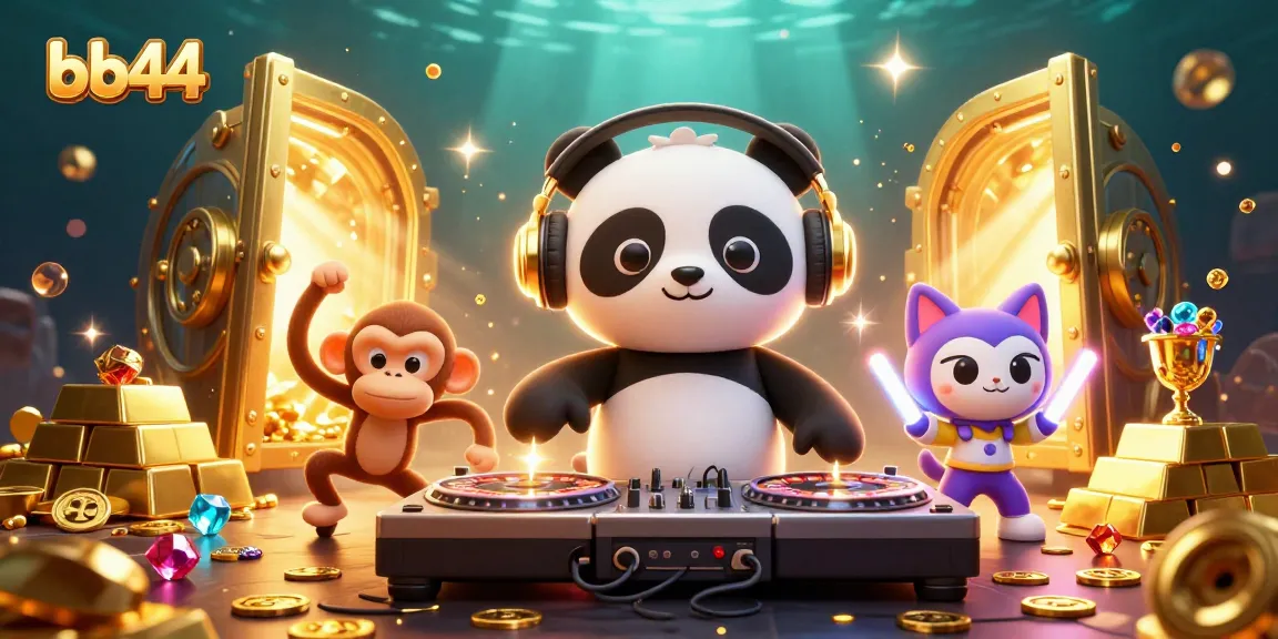 Engage with vibrant gaming action at bb44, featuring a DJ panda and animated characters amidst gold and gems.