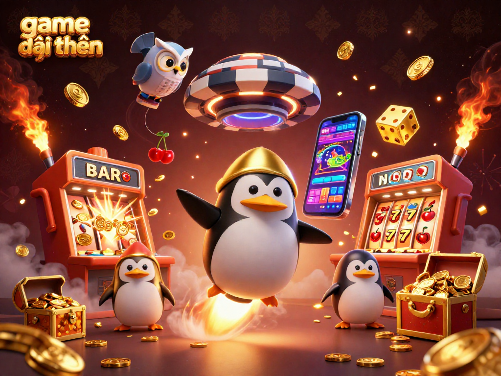 Win big and experience game đổi thưởng with a golden penguin, cosmic casino elements, and vibrant visuals.