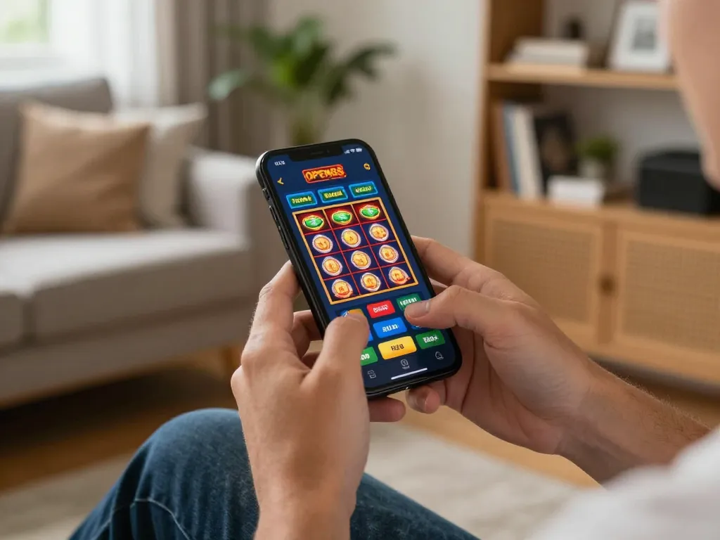 Playing casino games on the OPEN88 app from home, enjoying a strategic gaming session