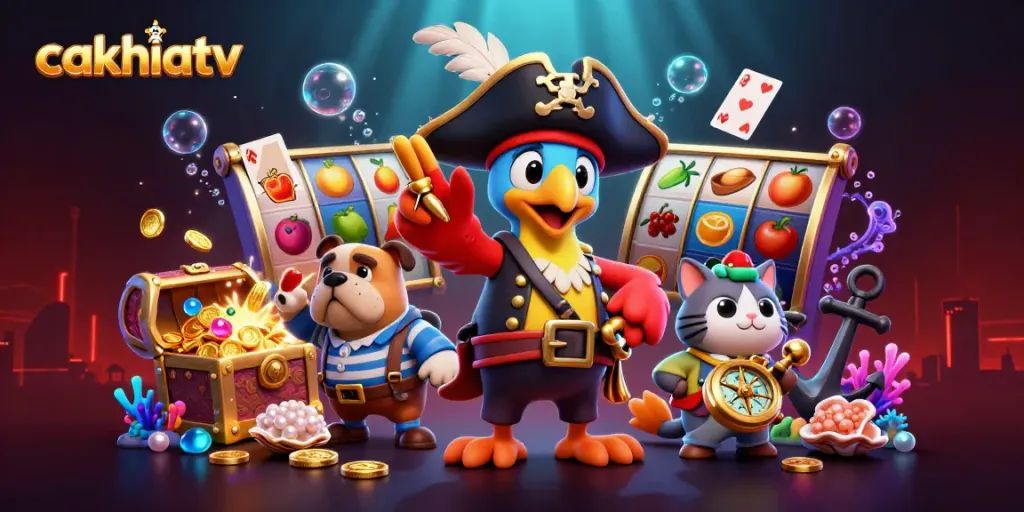 CakhiaTV pirate-themed casino illustration showcasing vibrant slot reels and characters.