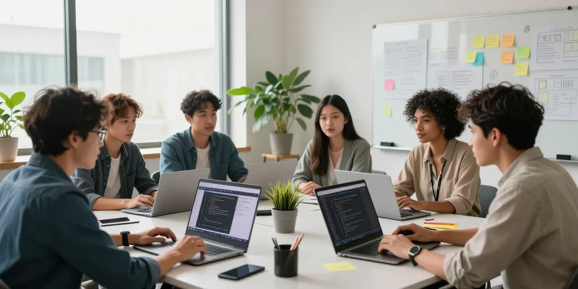 Team collaborating on WhatsApp網頁版 interface in a modern tech office.