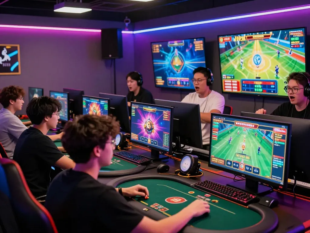 Players enjoying diverse games with Sun Win platform visuals in a vibrant gaming room.
