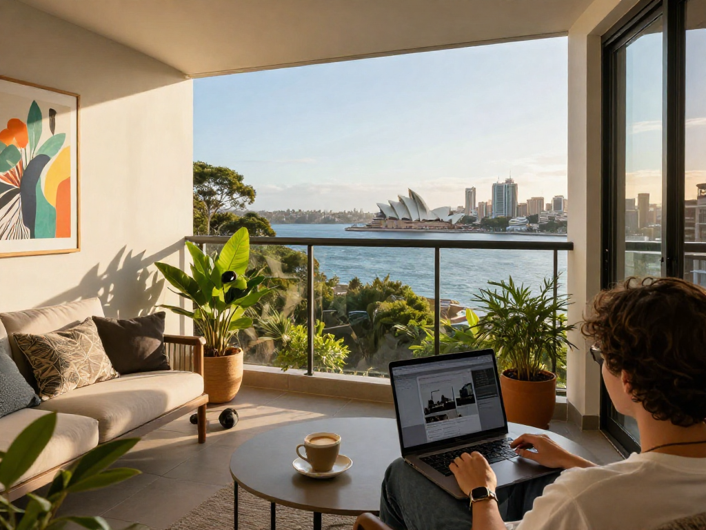 Best Sydney Airbnb managers enhancing rental experiences on a modern apartment balcony in Sydney.