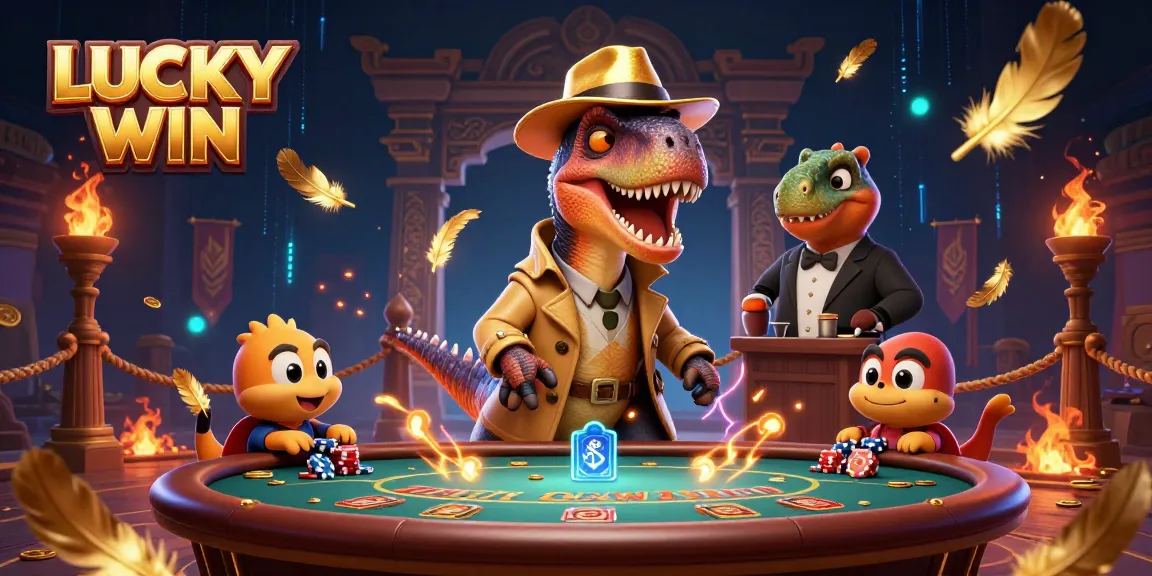 Experience LUCKY WIN with a cartoon velociraptor card counter at a vibrant blackjack table scene.