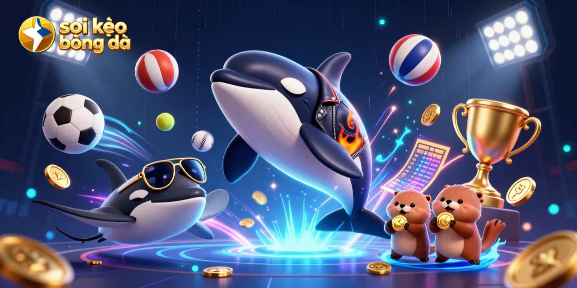 Soi kèo bóng đá scene featuring a jumping orca, a stingray, and sea otters with golden coins amidst dynamic sports elements.