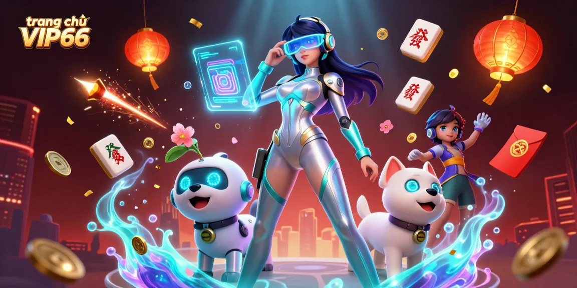 Experience the excitement of trang chủ VIP66 with a digital illustration featuring a futuristic woman and robot dog in a vibrant casino setting.