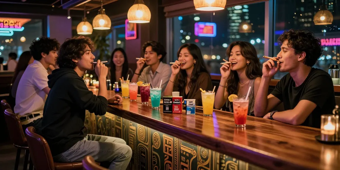 Friends enjoying rokok88 in a vibrant bar setting with drinks and laughter.