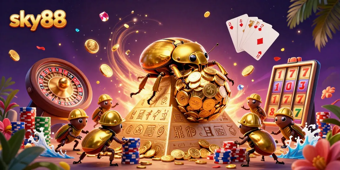 Experience the excitement of sky88 with golden coins and casino symbols in a vibrant illustration.