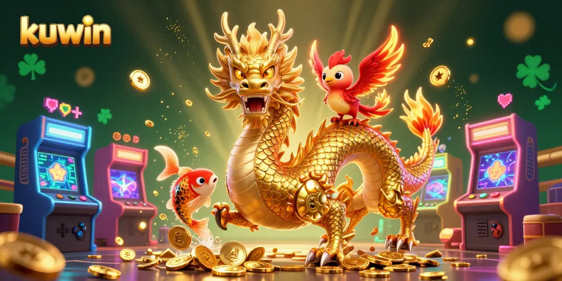 Kuwin casino action featuring a majestic dragon and phoenix amidst vibrant game elements.