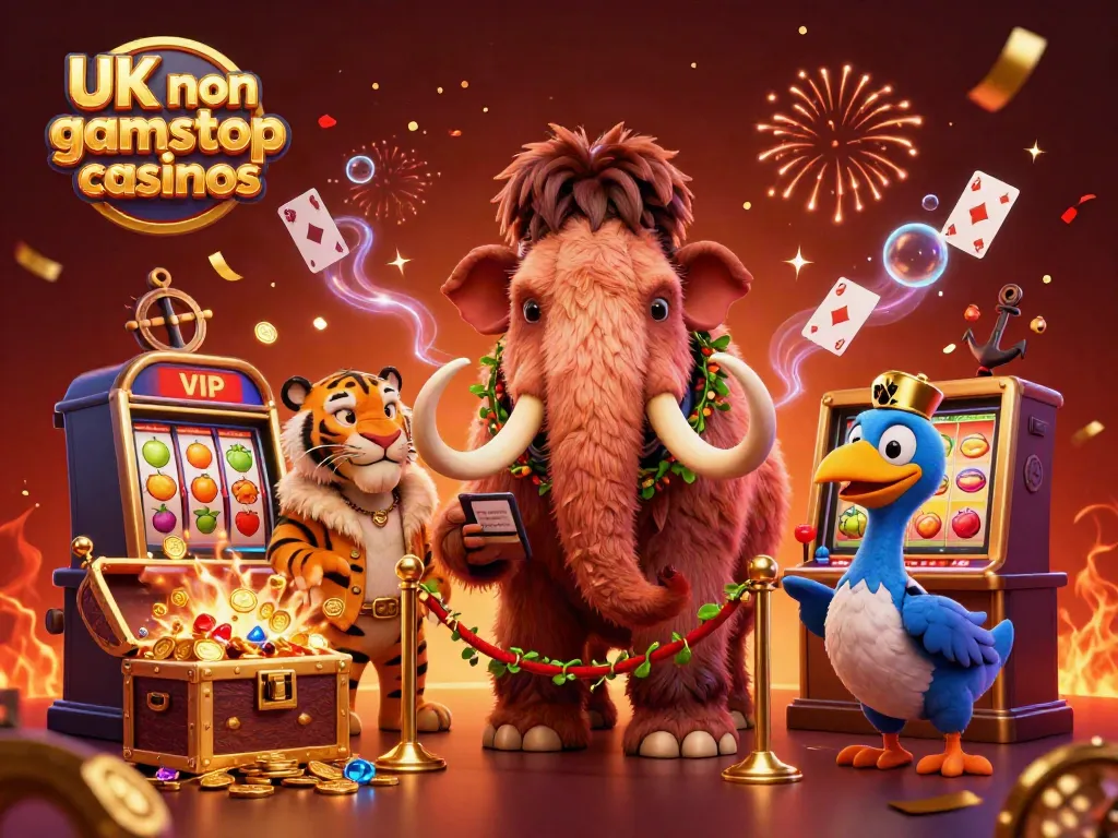 Experience the excitement of UK non gamstop casinos with a vibrant 3D illustration featuring a woolly mammoth bouncer and gaming elements.