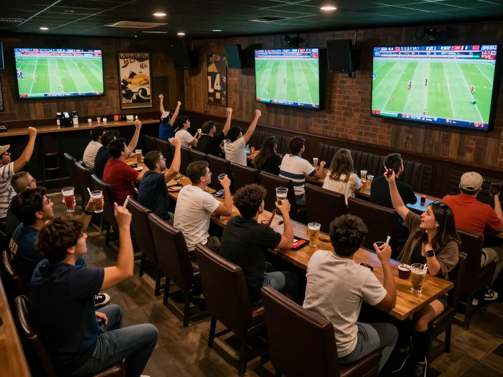 Watch xem trực tiếp bóng đá with fans celebrating goals in a lively sports bar atmosphere