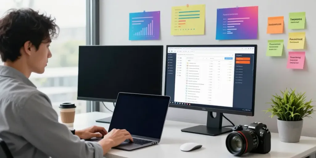 Digital marketing scene illustrating instant indexing strategies with analytics and content management displays.