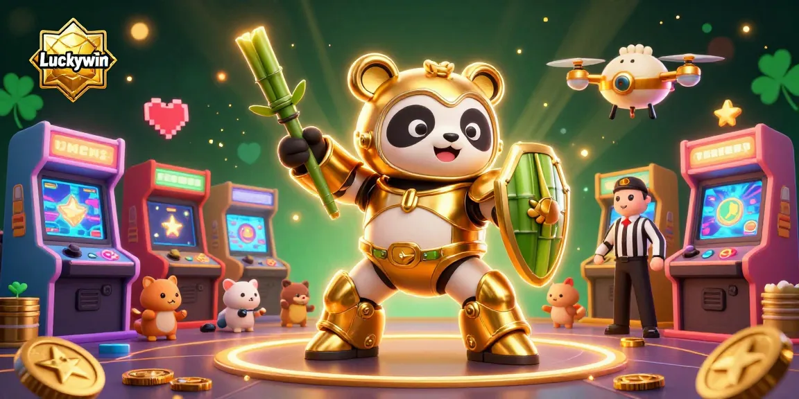 Join the Luckywin adventure with a lively illustration of a golden panda robot amid vibrant casino game elements.
