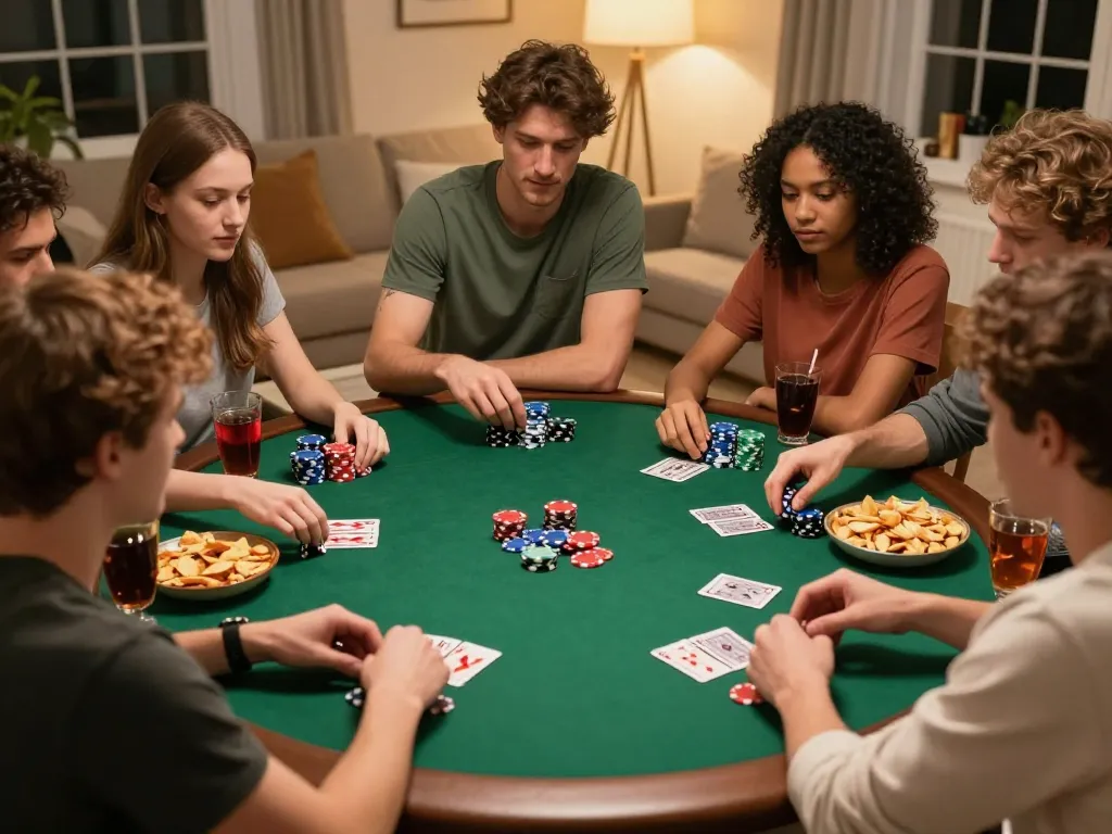 Players enjoying a home poker night while betting on go8, surrounded by chips and drinks.