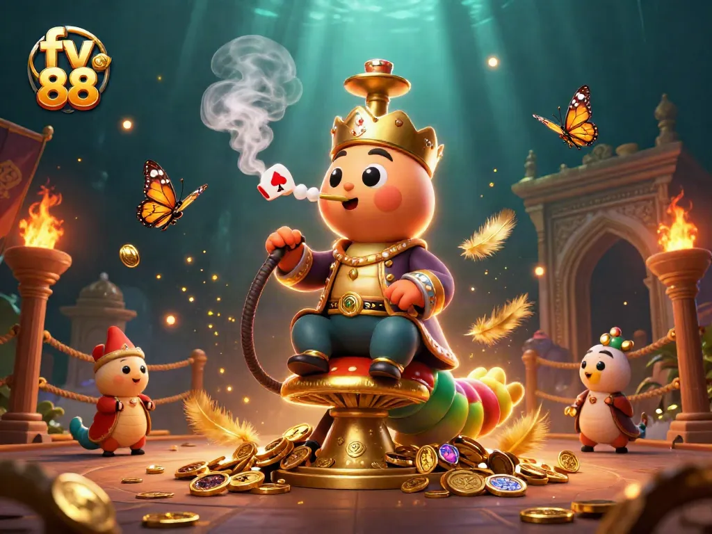 Engage with thrilling poker symbols and vibrant characters in this fv 88 casino illustration.