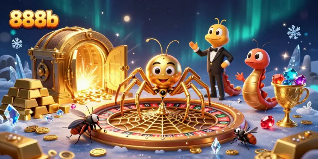 Win thrilling bets at 888b, where a golden spider spins a roulette wheel amidst sparkling treasures.