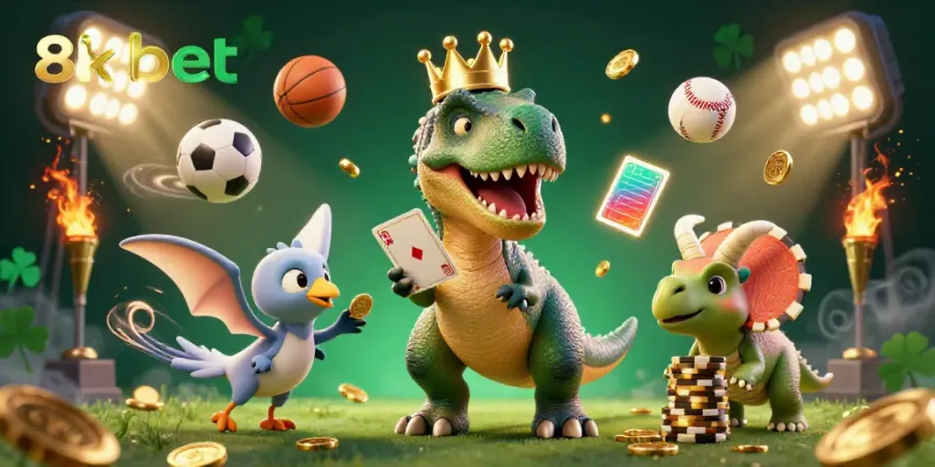 Experience the thrill of betting with 8xbet in this dynamic casino-themed illustration featuring playful dinosaurs and sports elements.