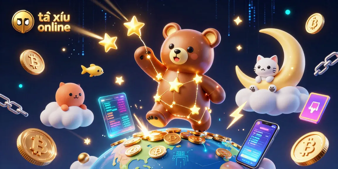 Engage in tài xỉu online with our dynamic 3D scene featuring golden constellation bear and crypto elements, emphasizing thrilling gaming energy.