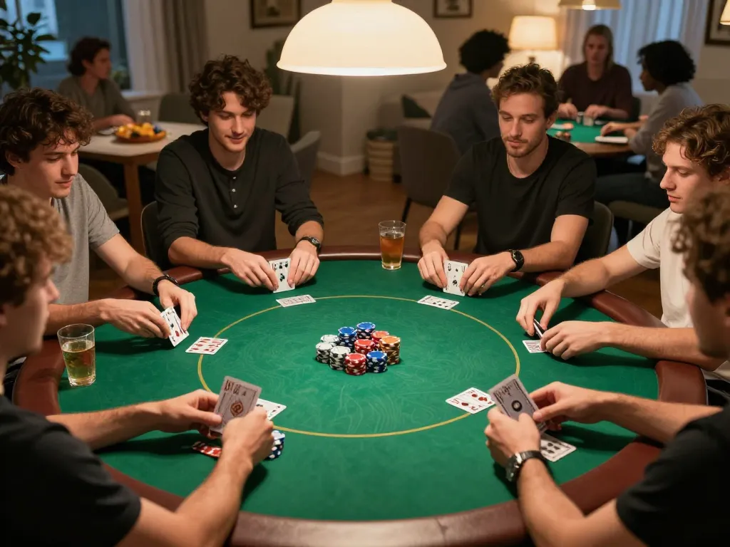 Playing a competitive poker game at home with friends, showcasing the excitement of lương sơn tv
