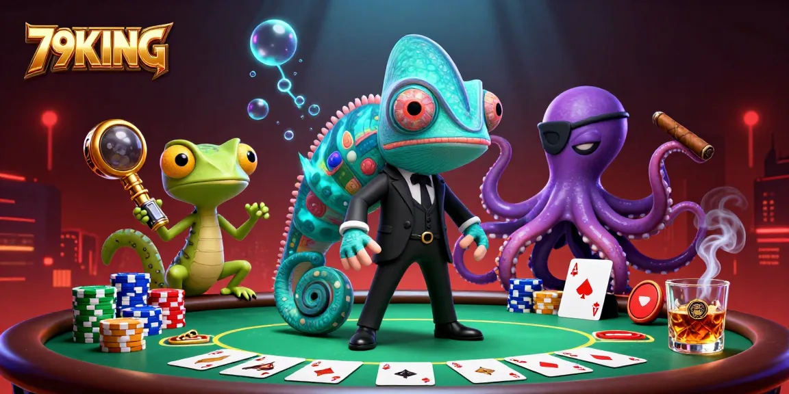 Engage with thrilling poker action at 79KING, featuring cartoon characters and vibrant casino elements.