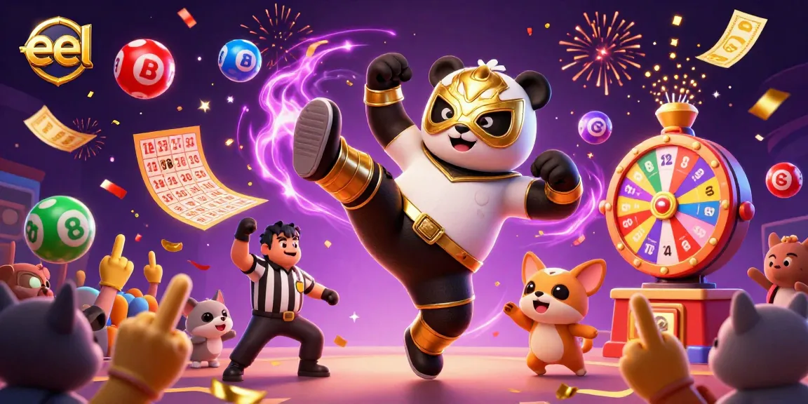 Eel-themed online gambling scene with a panda wrestler, chihuahua referee, and celebrating animal spectators.