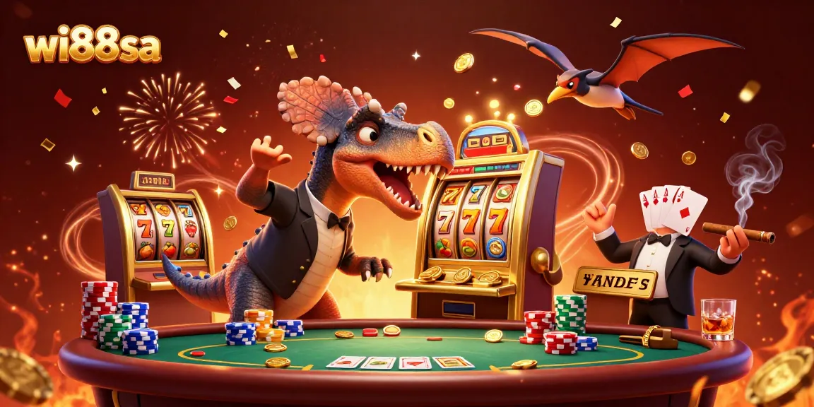 Experience exciting wins at wi88sa as a dinosaur hits the jackpot at a colorful casino.