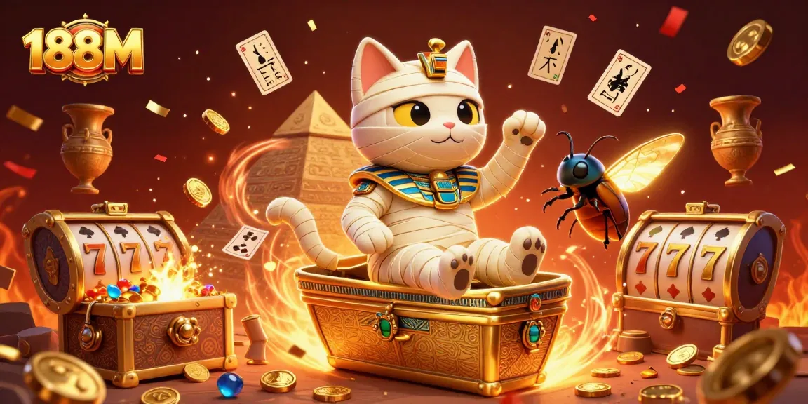 Join the excitement at 188M as the mummy cat uncovers treasures in this vibrant casino scene.