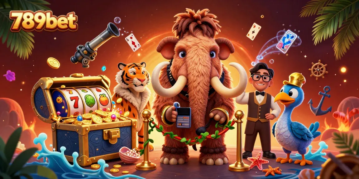 Engage with thrilling adventures at 789bet, where a woolly mammoth bouncer checks IDs amidst a vibrant casino scene.