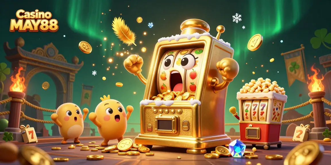 Casino MAY88 celebrates wins with jubilant slot machines and golden coins in a lively atmosphere.
