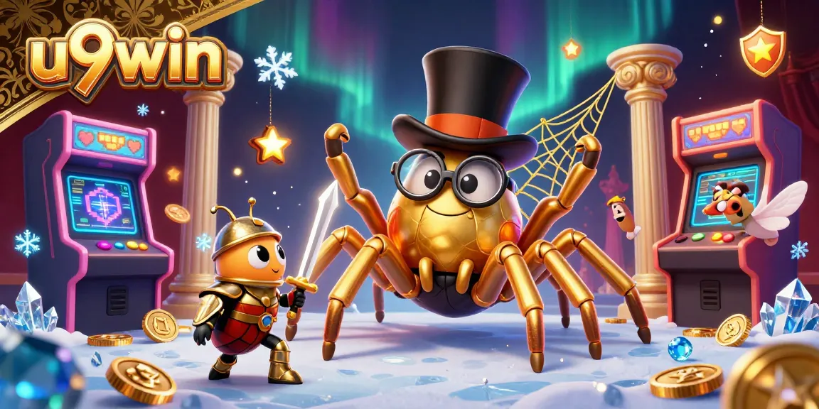 Engage in the thrilling world of u9win with a vibrant scene of a golden tarantula and beetle knight in a casino.