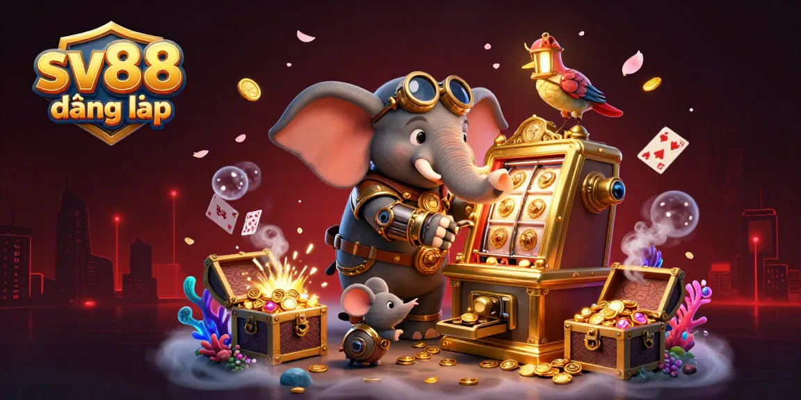 Experience thrilling sv88 đăng nhập as a steampunk elephant operates a vibrant slot machine amidst marine treasures.