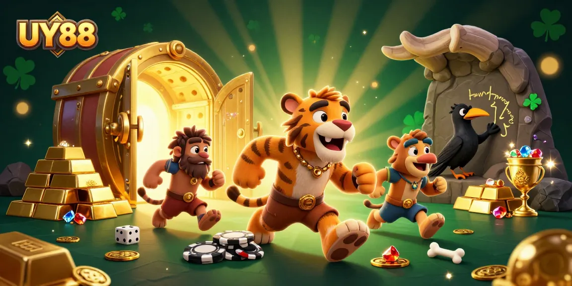 Experience UY88 in a lively prehistoric casino scene with treasures and excitement.
