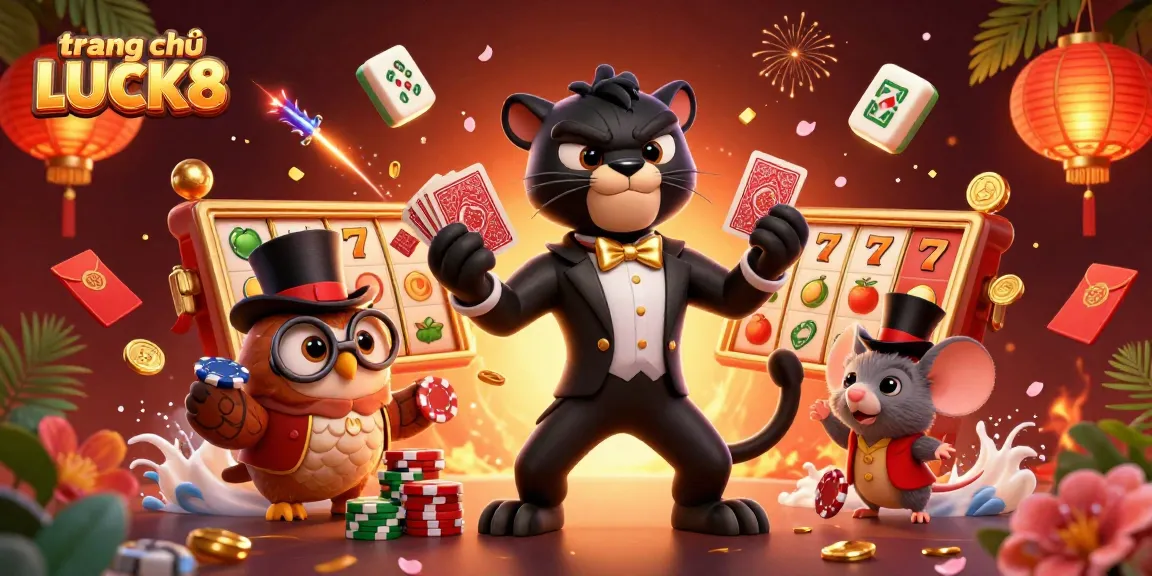 Experience the excitement on trang chủ LUCK8 with stylish characters, vibrant game symbols, and festive decorations.