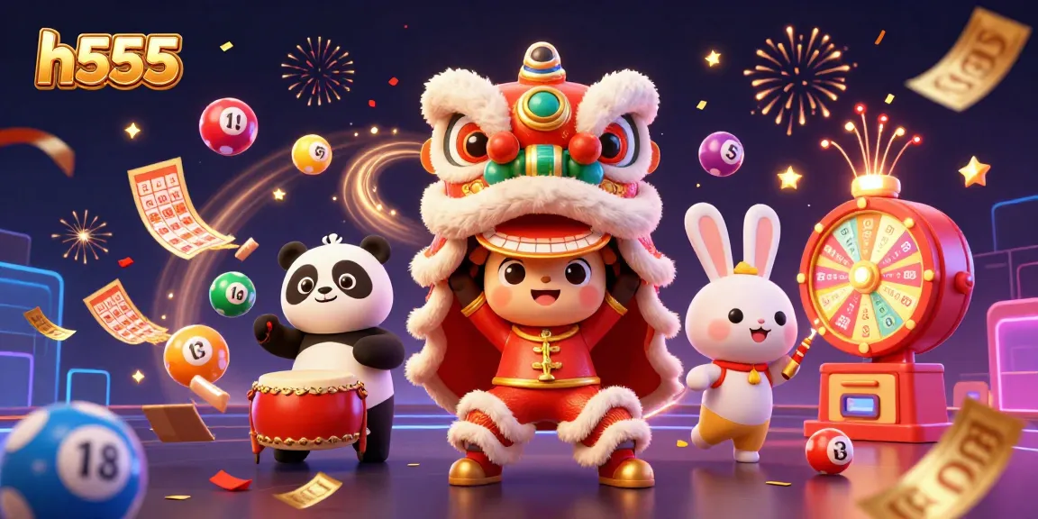 Join the excitement at h555 with vibrant characters and dynamic lottery elements in this lively 3D scene.