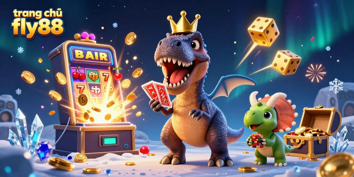 Experience the excitement of trang chủ fly88 with a dynamic 3D casino scene filled with playful characters and colorful slot elements.