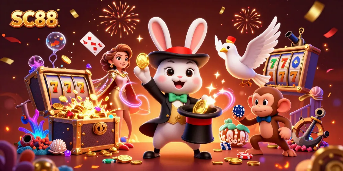 Experience the excitement of SC88 with a magical scene of a rabbit, dove, and monkey playing casino games.