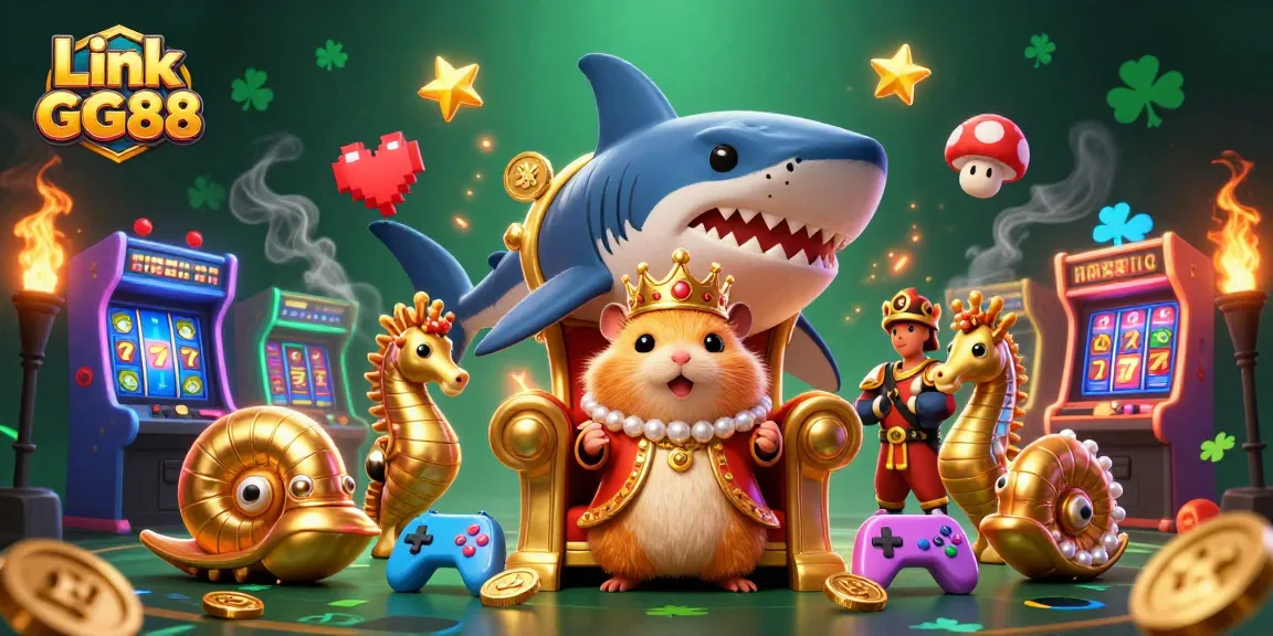 Engage with exciting games at Link GG88 featuring a vibrant scene with a golden hamster king and arcade elements.