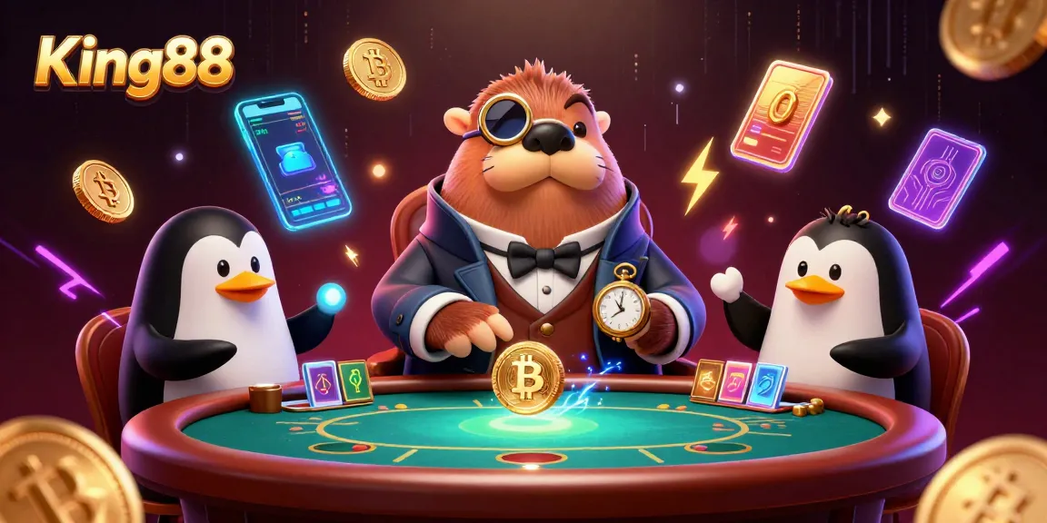 Experience King88 as a jolly walrus plays poker underwater with a sophisticated penguin dealer.