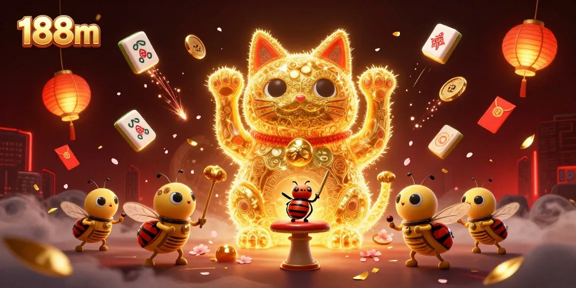 Engage in thrilling casino games at 188m with a spectacular display of a lucky cat and vibrant elements.