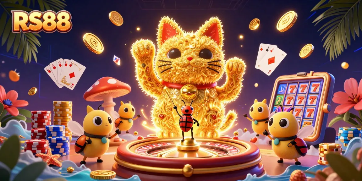 RS88 captivates with a dynamic casino scene showcasing a waving lucky cat and golden elements.