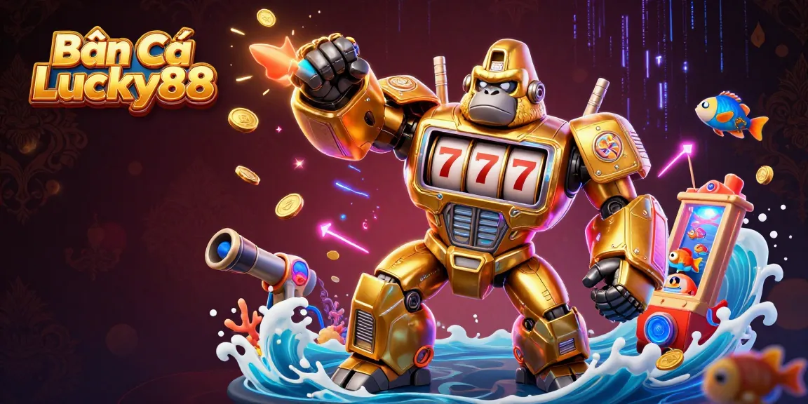 Bắn Cá Lucky88 showcases exciting underwater gameplay with a golden gorilla mech and fish elements, capturing gamers' attention.