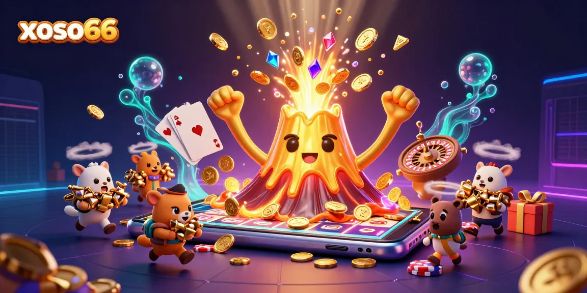 Experience exciting wins at xoso66 with vibrant treasures erupting from a golden volcano.