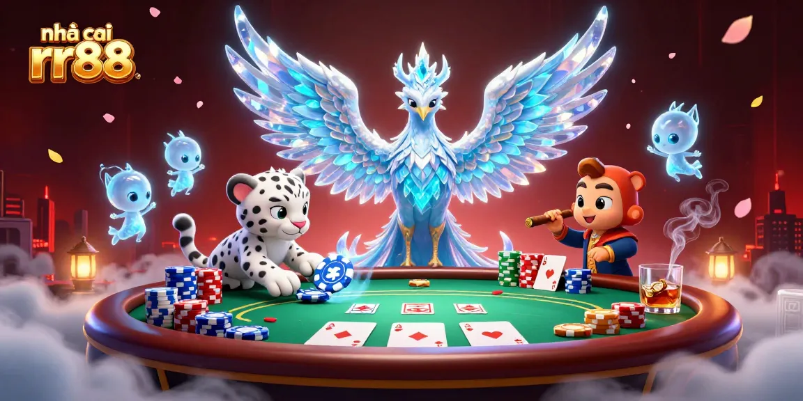 Engage with nhà cái rr88 in a vibrant poker scene featuring a magical mix of characters and gaming elements.