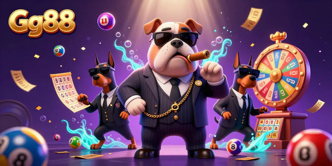 Engage with Gg88 in a vibrant 3D casino scene featuring dynamic lottery elements and charming characters.
