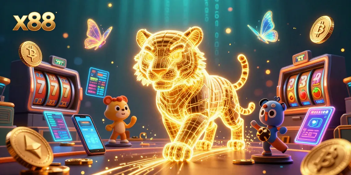 Experience thrilling x88 gaming with a 3D neon-wireframe tiger in a digital casino.