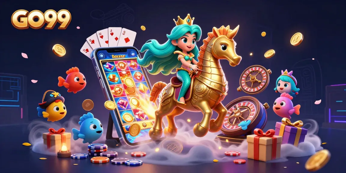 Engage with GO99's vibrant online gaming world, featuring a mermaid and seahorse action.