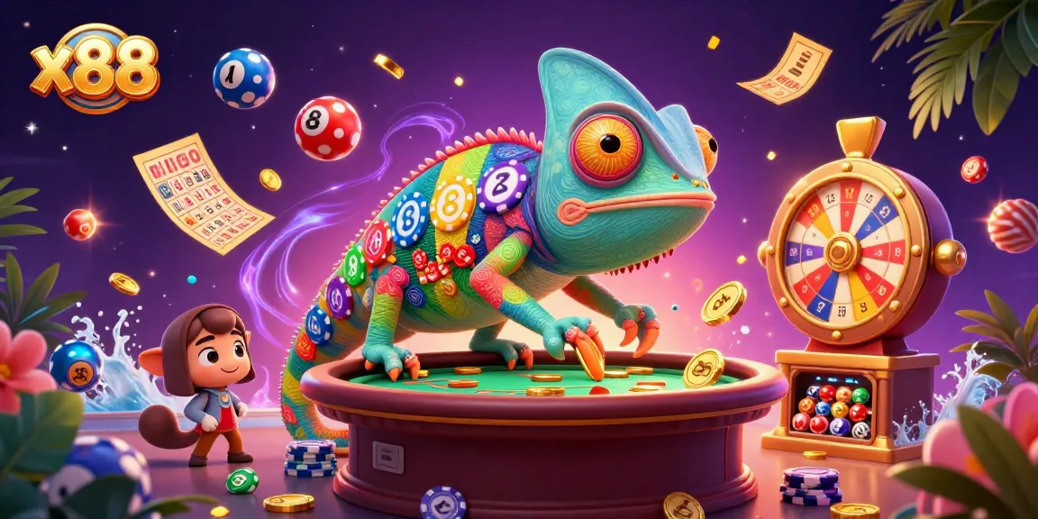 x88 casino owner chameleon collects gold in a vibrant gambling scene with dynamic games and prizes.