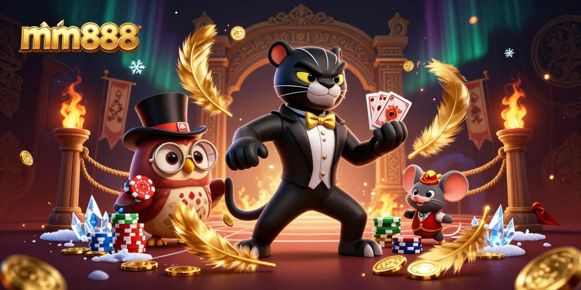 Engaging mm888 casino illustration showcasing a stylish panther, owl, and mouse in a vibrant gaming atmosphere.