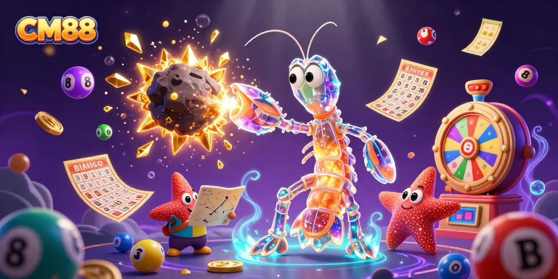 Experience the thrill of CM88 with a vibrant lottery-themed 3D digital illustration featuring gems, coins, and dynamic game elements.