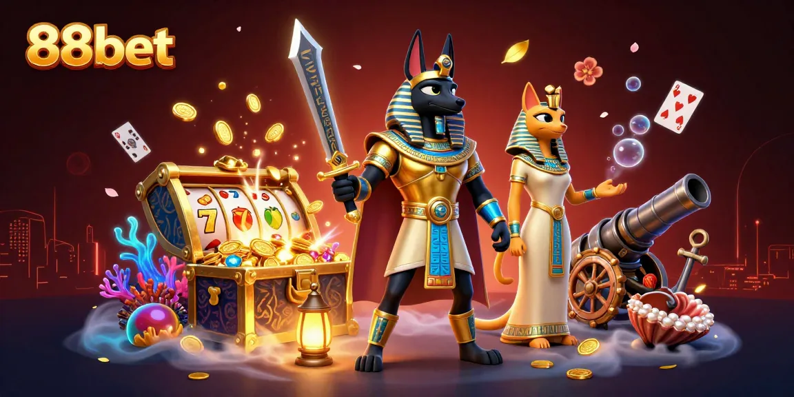 Play slots with 88bet featuring Egyptian warriors and vibrant casino elements.